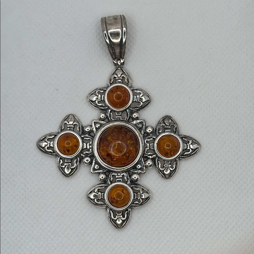Silver and Amber Cross Pendant